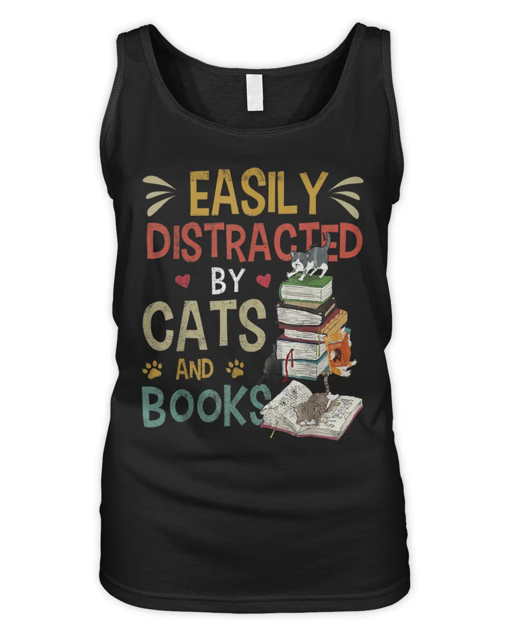 Cats 365 Easily Distracted by Cats & Books Cat & Book Lover T-Shirt Women's Tank Top black s