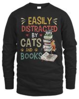 Cats 365 Easily Distracted by Cats & Books Cat & Book Lover T-Shirt Men's Long Sleeved T-Shirt black s